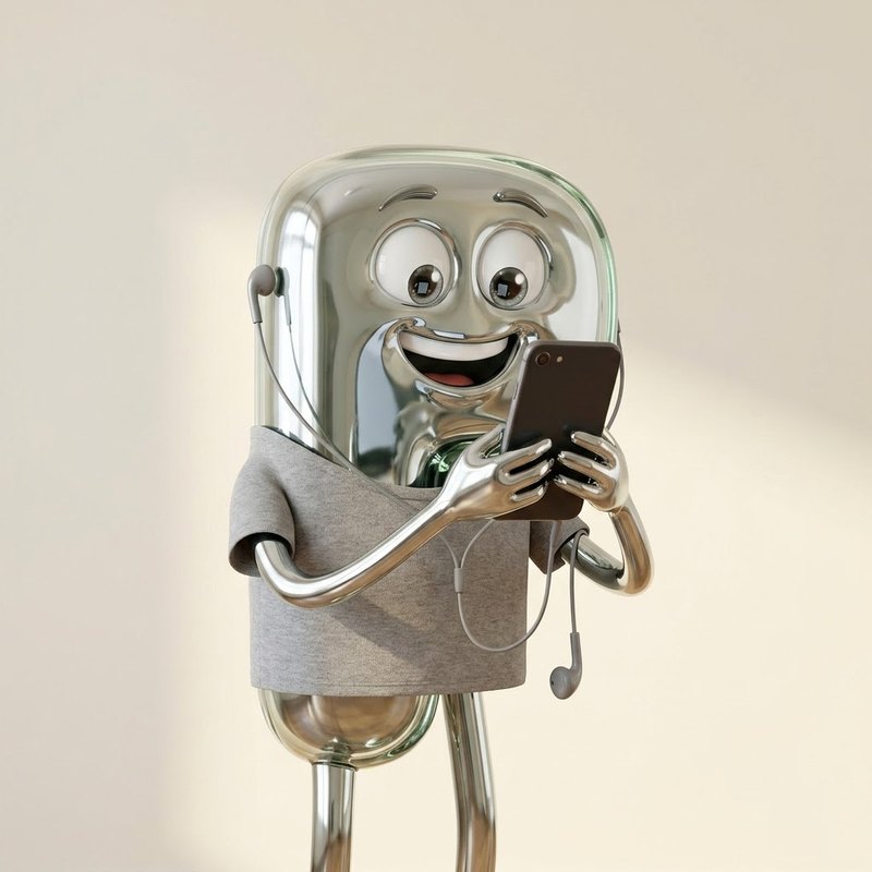 A chrome letter-P listener in a t-shirt with one earbud in, grinning at a blank phone screen
