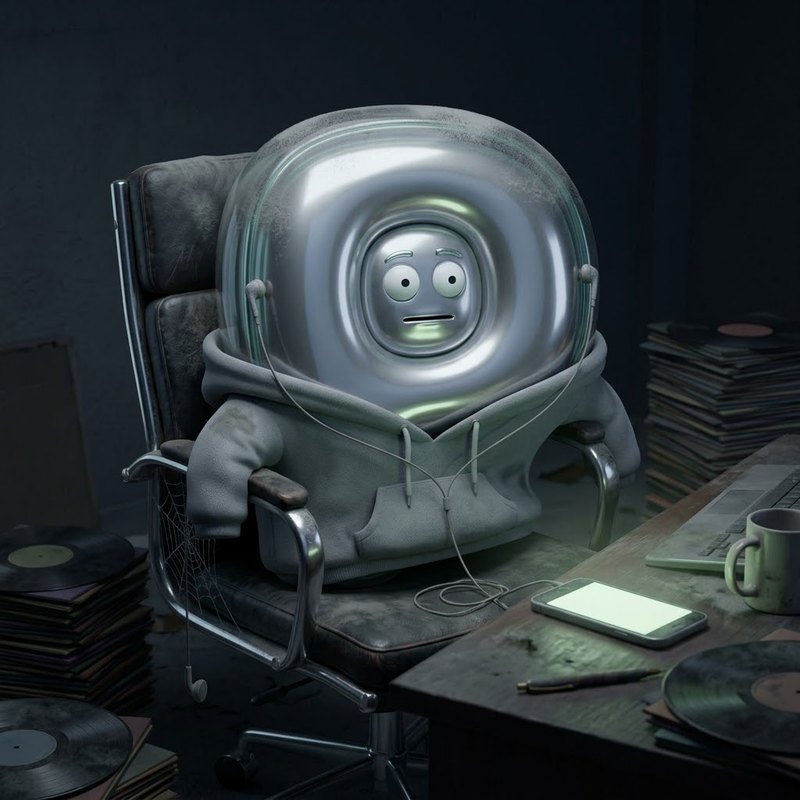 A dusty chrome letter-P listener slumped in an office chair in a dark room, one earbud still in, a cobweb on the armrest